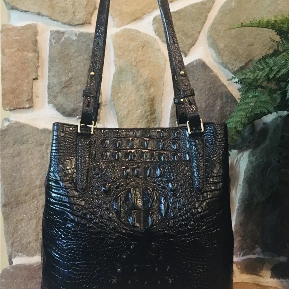 BRAHMIN LARGE CROC EMBOSSED LEATHER BUCKET BAG BLACK MELBOURNE - Picture 8 of 10